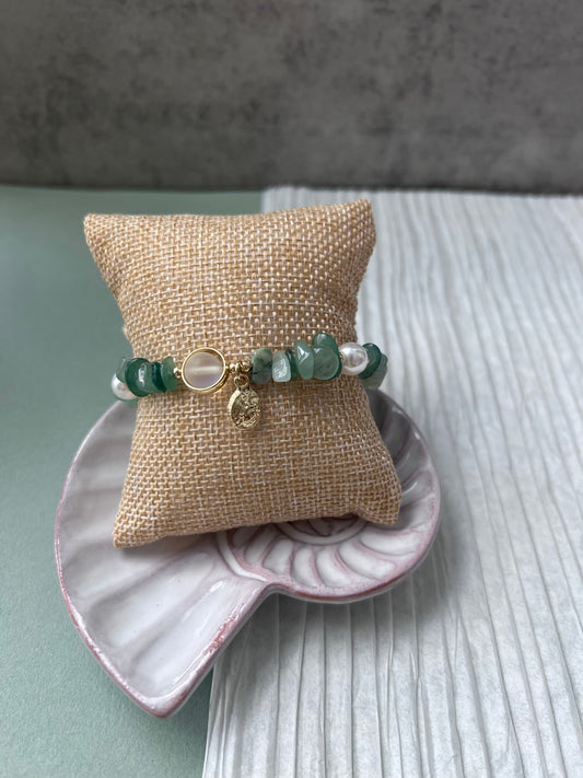 Green Aventurine & Freshwater Pearl Beaded Stretch Bracelet