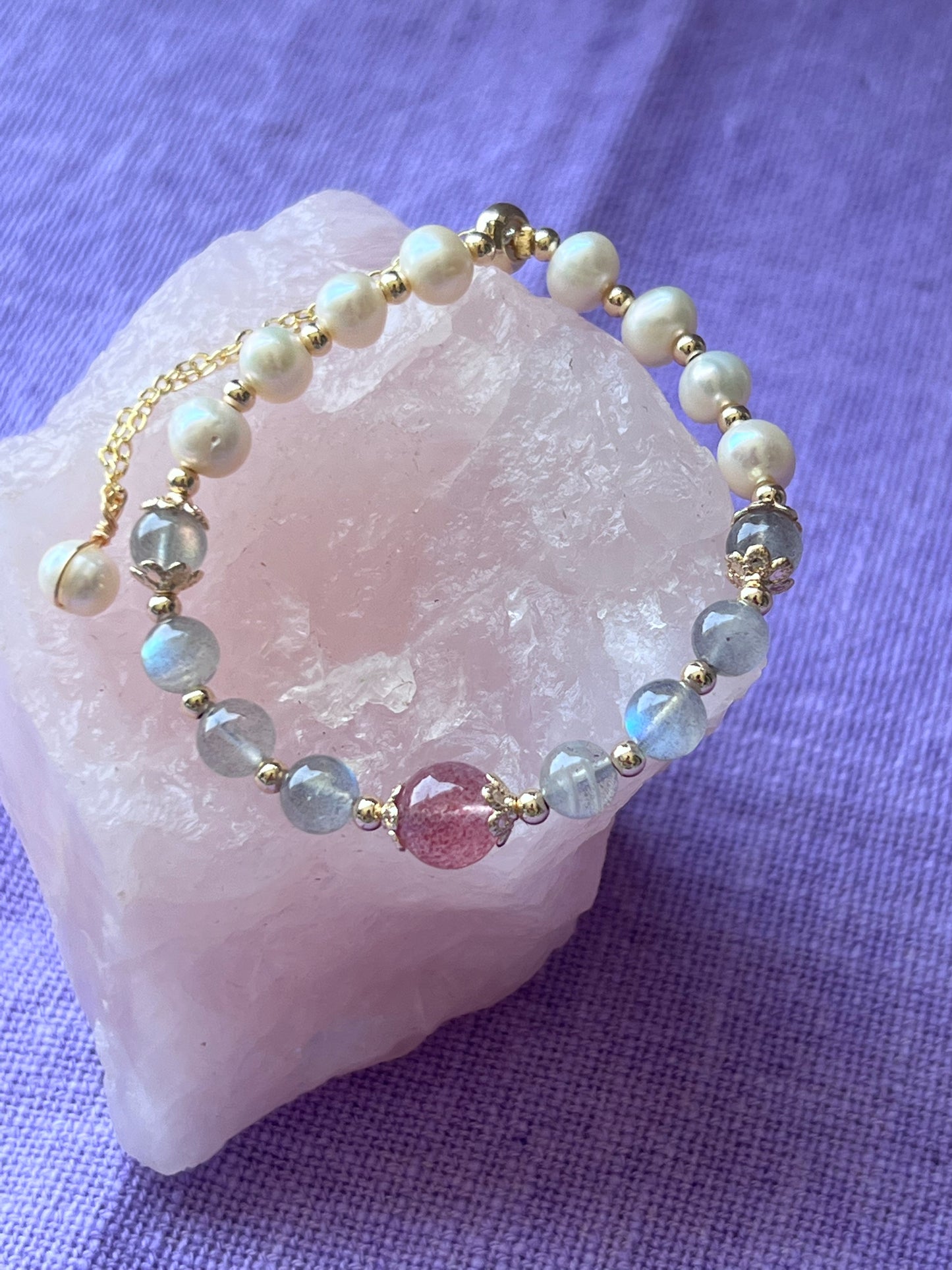 Labradorite Freshwater pearl and pink tourmaline gold tone bracelet.